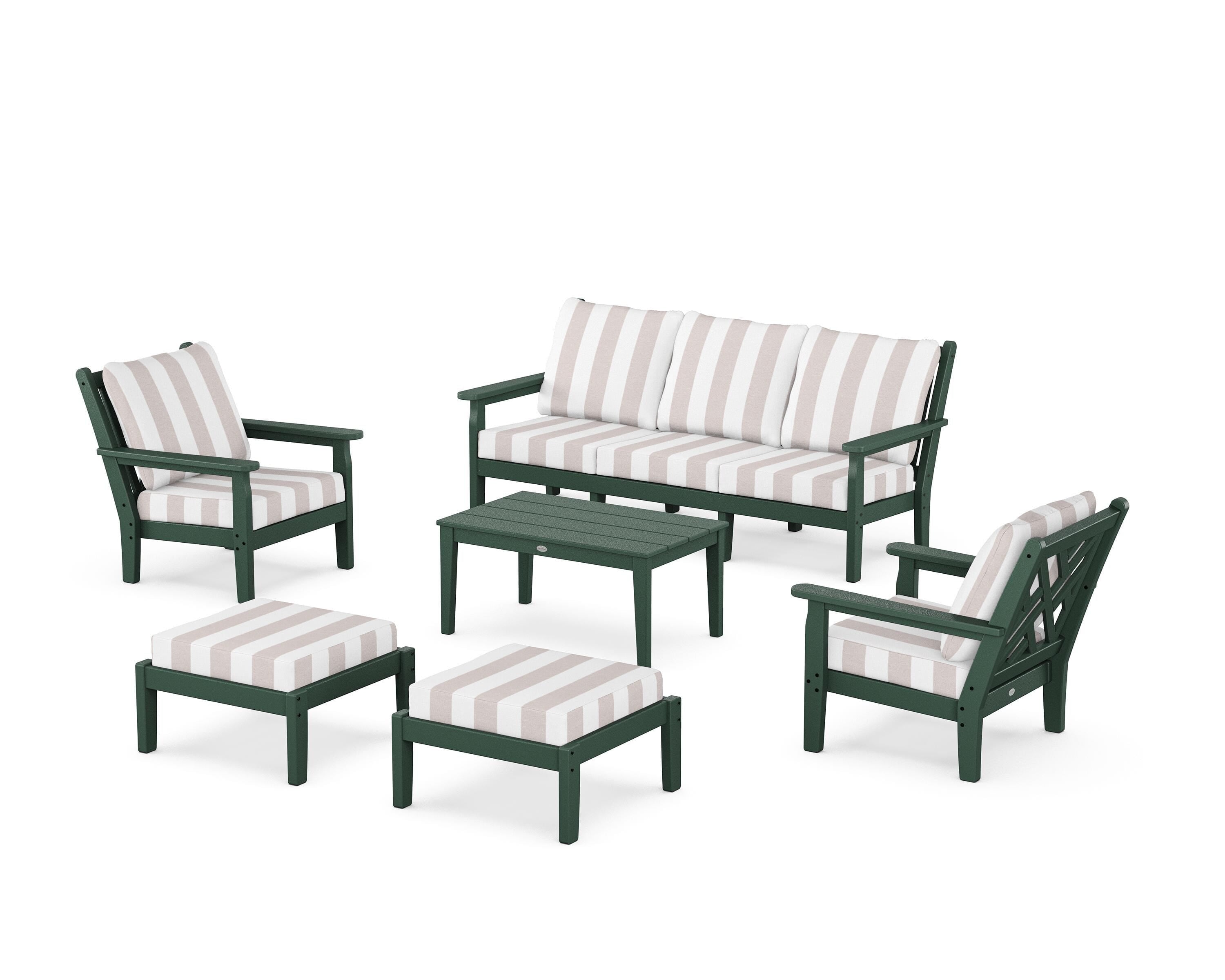 POLYWOOD® Chippendale 6-Piece Lounge Sofa Set in Green / Cabana Stripe Dune Burlap