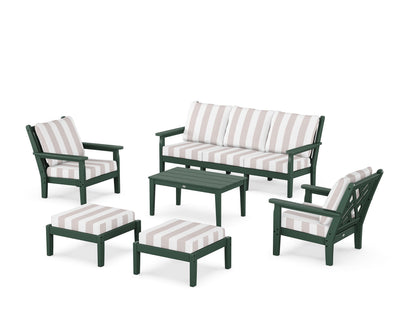 POLYWOOD® Chippendale 6-Piece Lounge Sofa Set in Green / Cabana Stripe Dune Burlap
