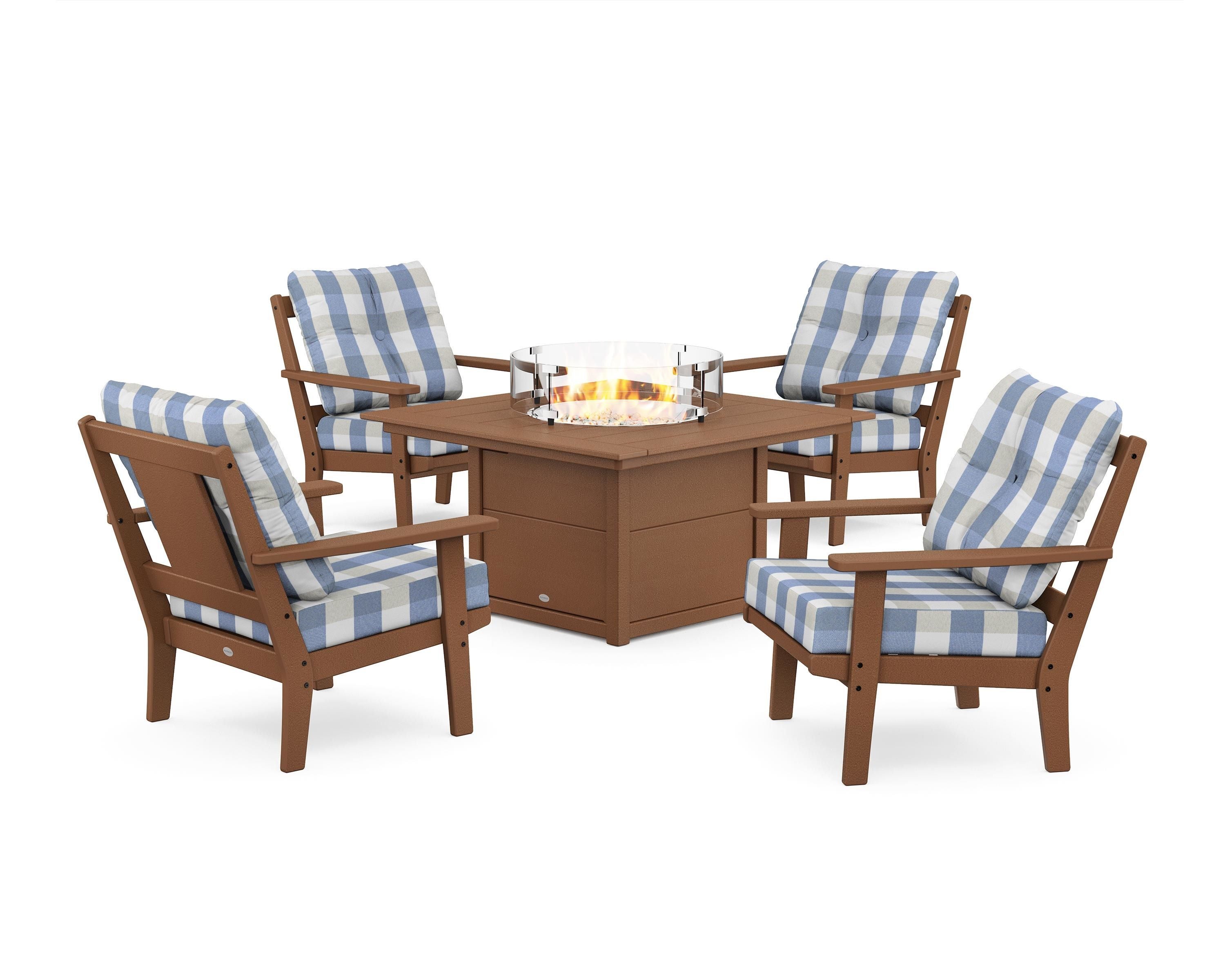 POLYWOOD® Prairie 5-Piece Deep Seating Set with Fire Pit Table in Teak / Buffalo Plaid Sky Blue