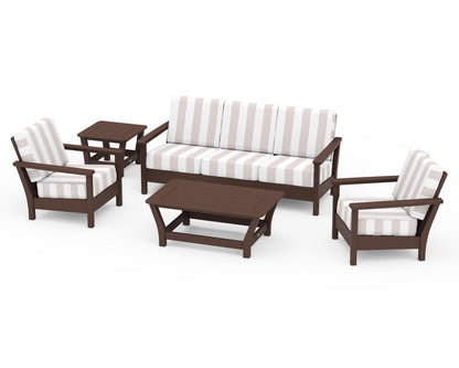 POLYWOOD® Harbour 5-Piece Deep Seating Set in Mahogany / Cabana Stripe Dune Burlap