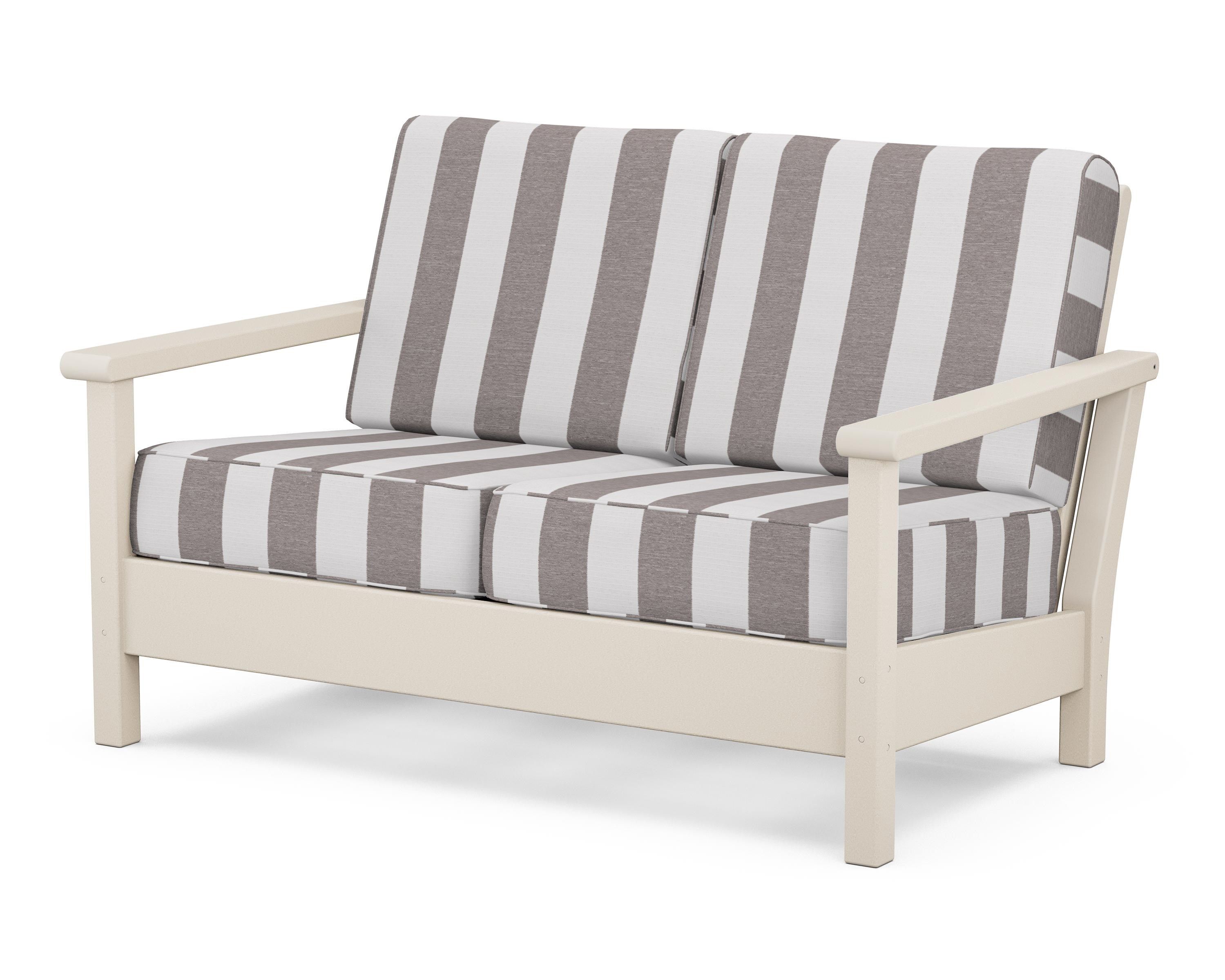 POLYWOOD® Harbour Deep Seating Loveseat in Sand / Cabana Stripe Grey Mist