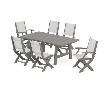 POLYWOOD® Coastal Folding Chair 7-Piece Rustic Farmhouse Dining Set in Slate Grey / White Sling