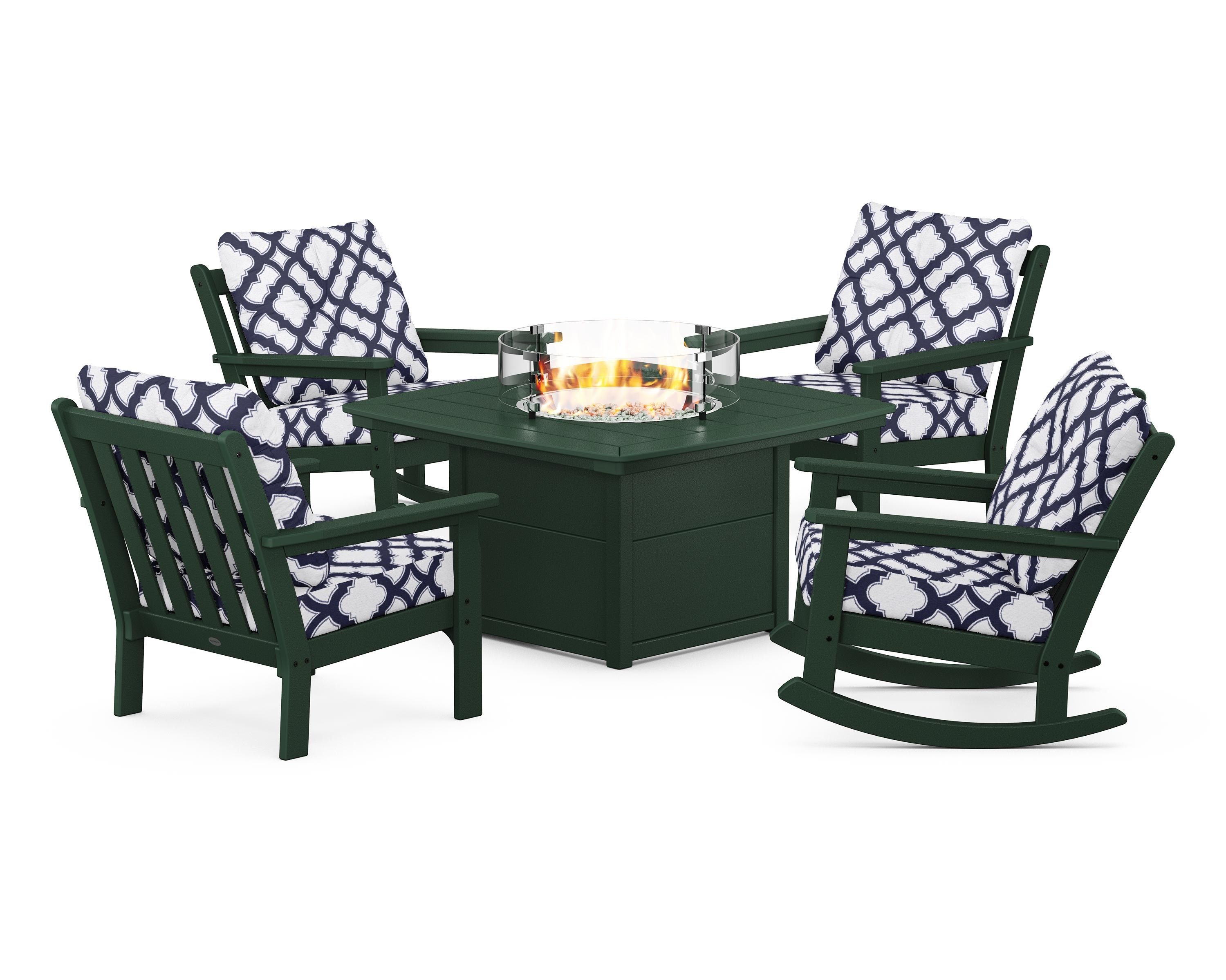 POLYWOOD® Vineyard 5-Piece Deep Seating Rocking Chair Conversation Set with Fire Pit Table in Green / Trellis Navy