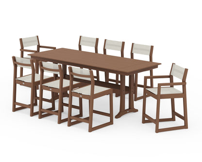 POLYWOOD® EDGE Sling 9-Piece Farmhouse Counter Set with Trestle Legs in Teak / Parchment Sling