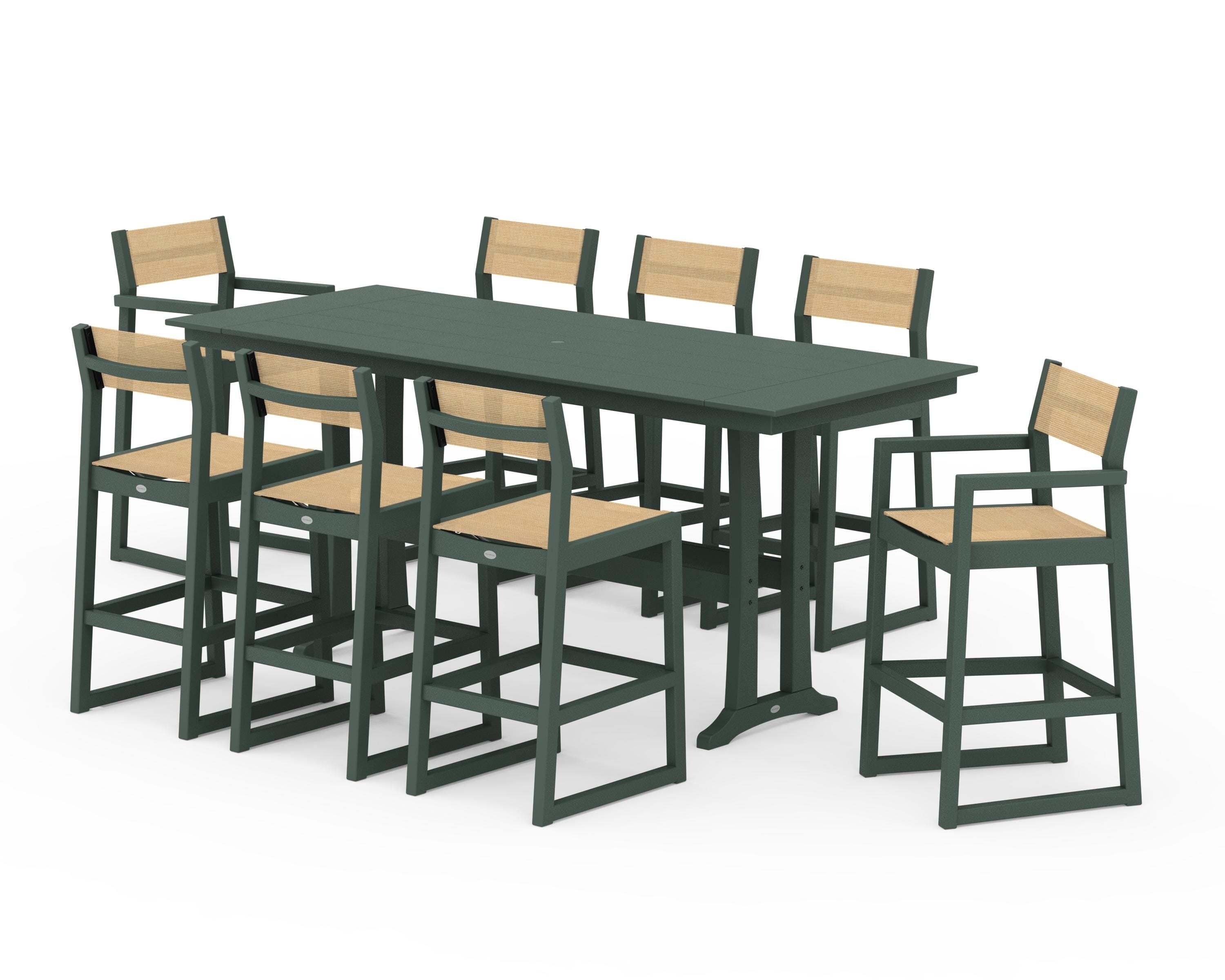 POLYWOOD® EDGE Sling 9-Piece Farmhouse Bar Set with Trestle Legs in Green / Dupioni Apricot Sling
