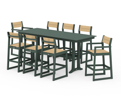 POLYWOOD® EDGE Sling 9-Piece Farmhouse Bar Set with Trestle Legs in Green / Dupioni Apricot Sling