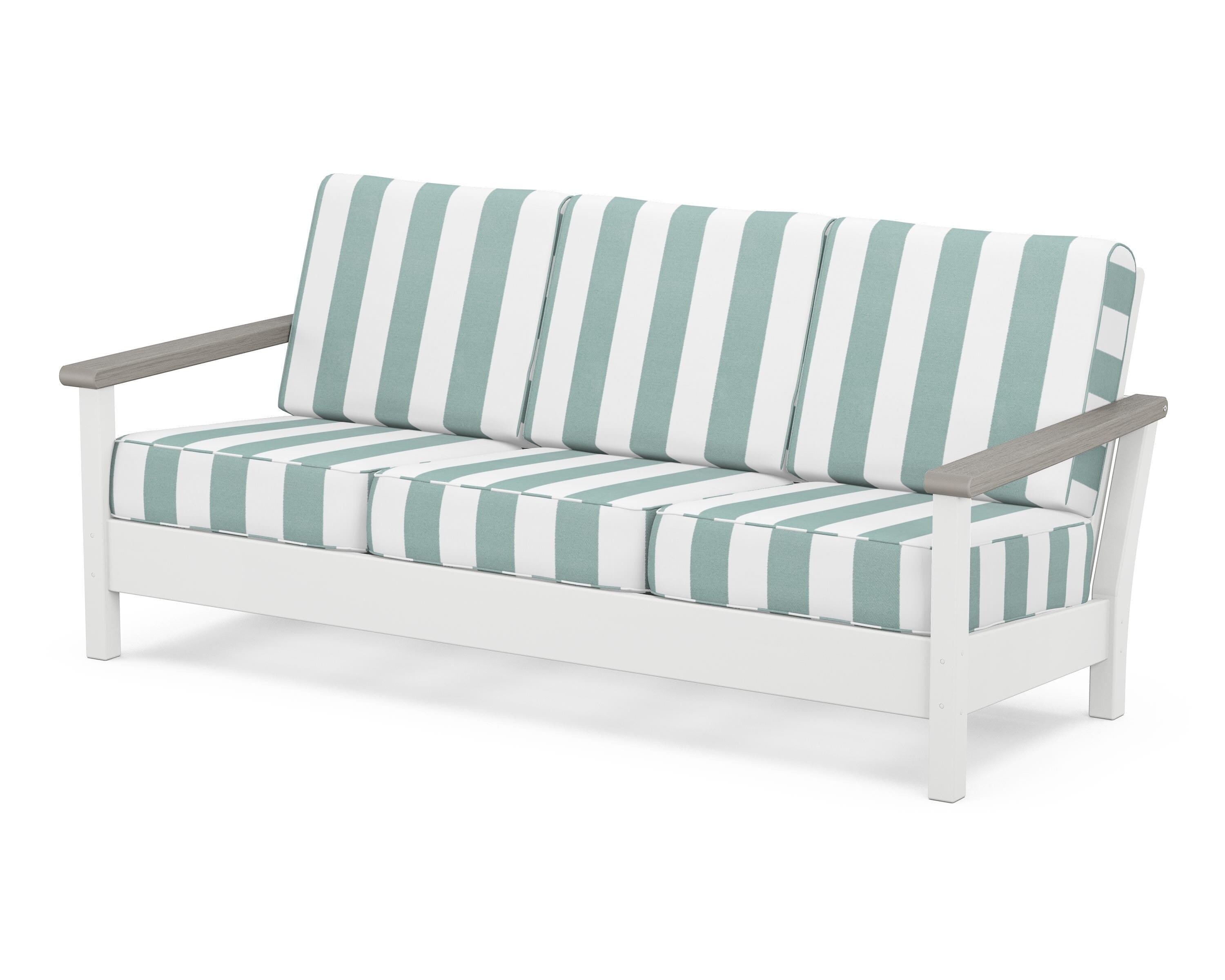 POLYWOOD® Harbour Deep Seating Sofa in White / Driftwood / Cabana Stripe Glacier Spa