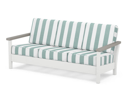 POLYWOOD® Harbour Deep Seating Sofa in White / Driftwood / Cabana Stripe Glacier Spa