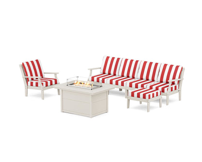 POLYWOOD® Braxton Sectional Lounge and Fire Pit Set in Sand / Cabana Stripe Crimson