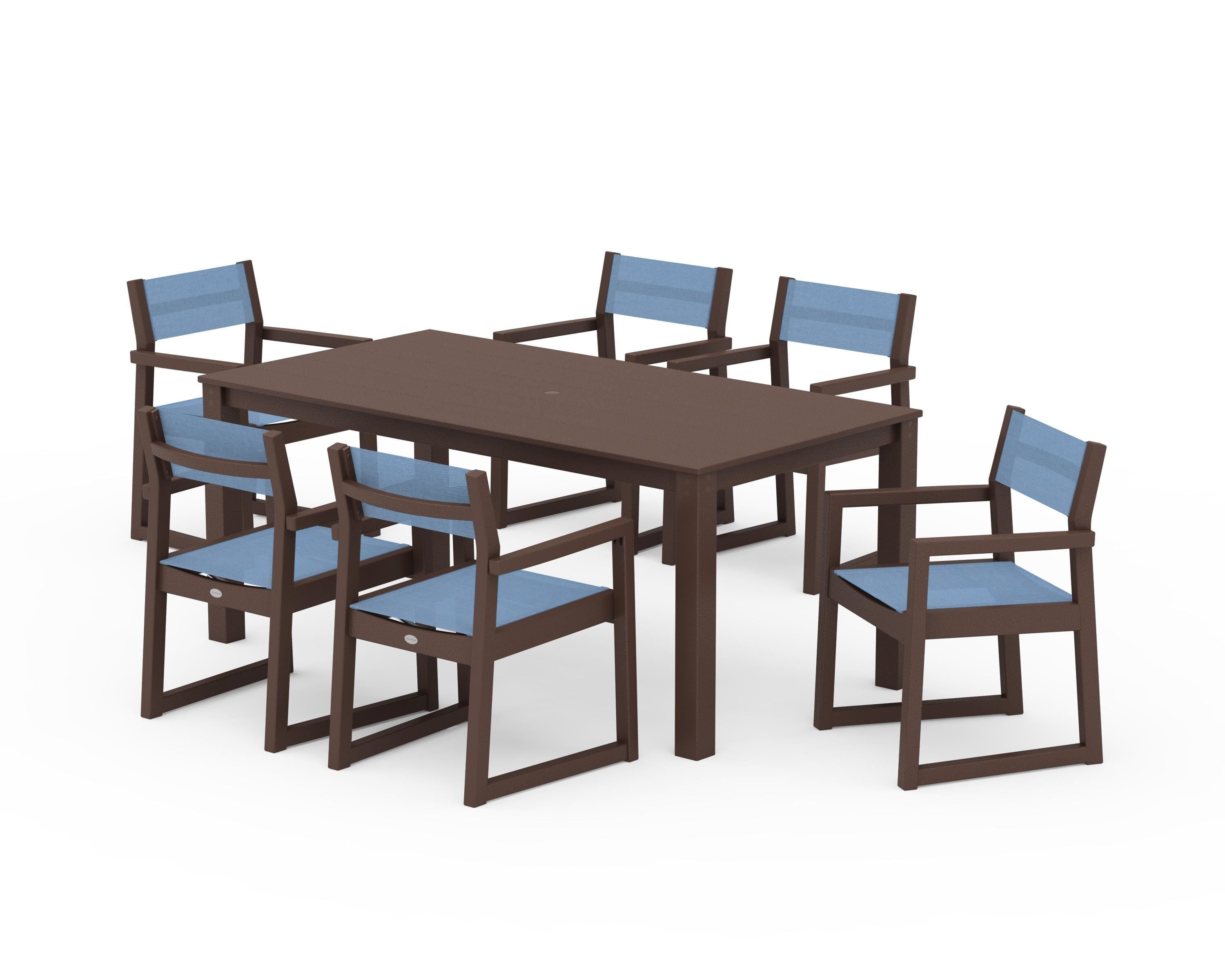 POLYWOOD® EDGE Sling Arm Chair 7-Piece Parsons Dining Set in Mahogany / Poolside Sling