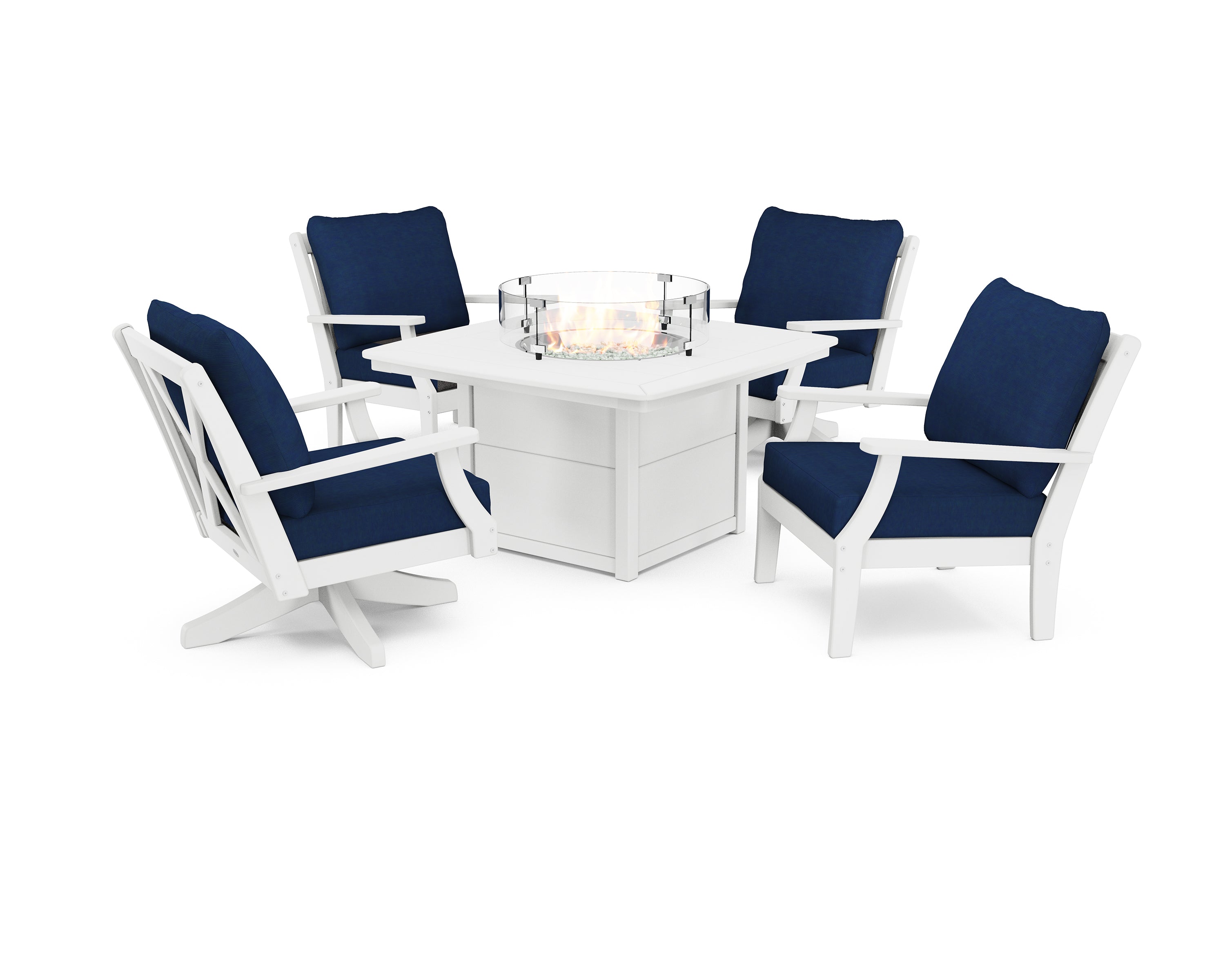 POLYWOOD® Braxton 5-Piece Deep Seating Set with Fire Table in White / Navy