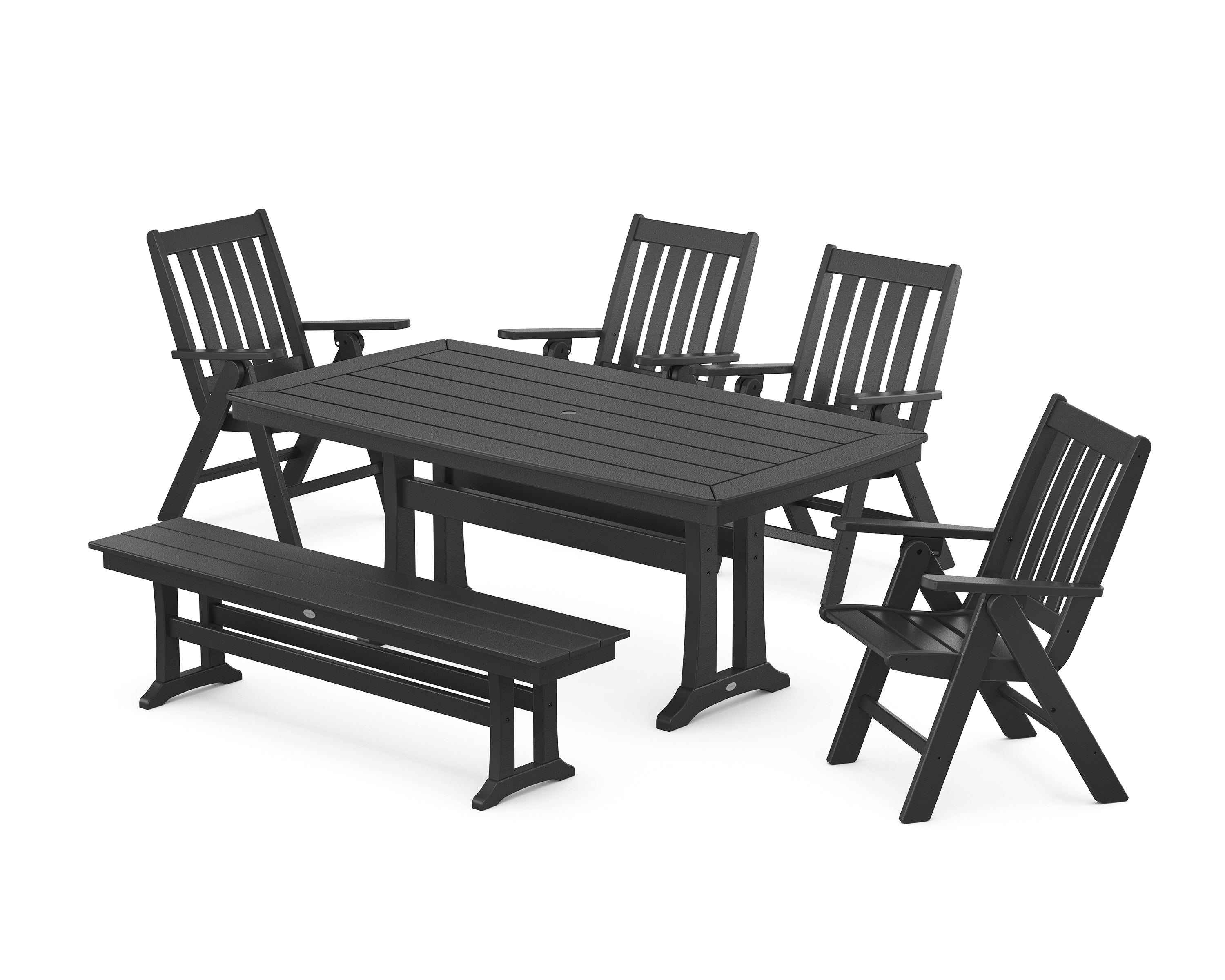POLYWOOD® Vineyard Folding Chair 6-Piece Dining Set with Trestle Legs and Bench in Black