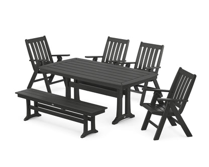 POLYWOOD® Vineyard Folding Chair 6-Piece Dining Set with Trestle Legs and Bench in Black