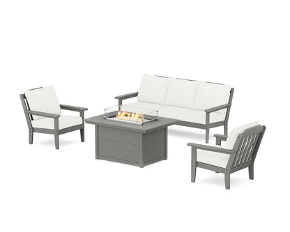 Country Living Cottage Deep Seating Fire Pit Table Set in Slate Grey / Natural Linen