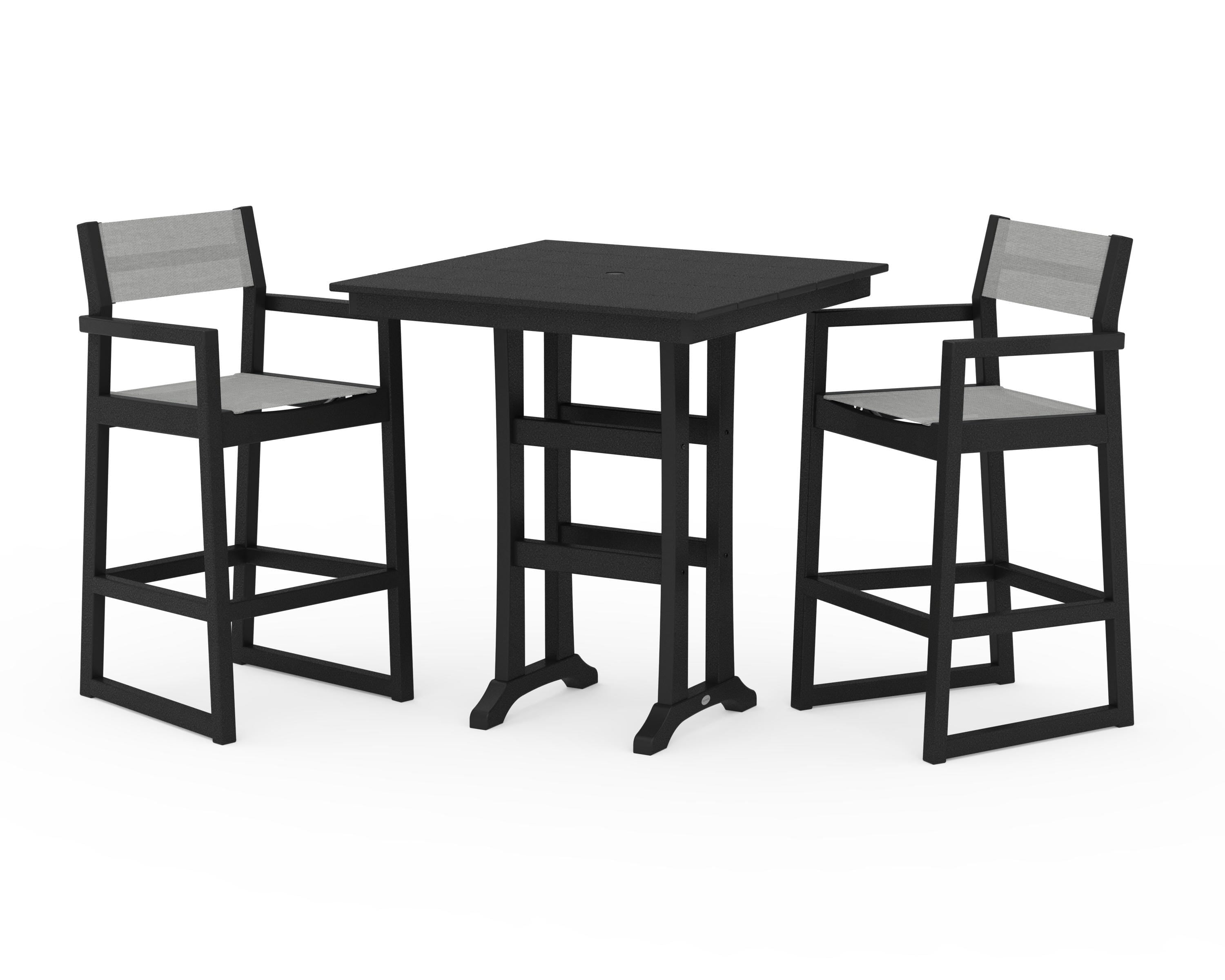 POLYWOOD® EDGE Sling Arm Chair 3-Piece Farmhouse Bar Set with Trestle Legs in Black / Metallic Sling