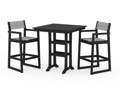 POLYWOOD® EDGE Sling Arm Chair 3-Piece Farmhouse Bar Set with Trestle Legs in Black / Metallic Sling