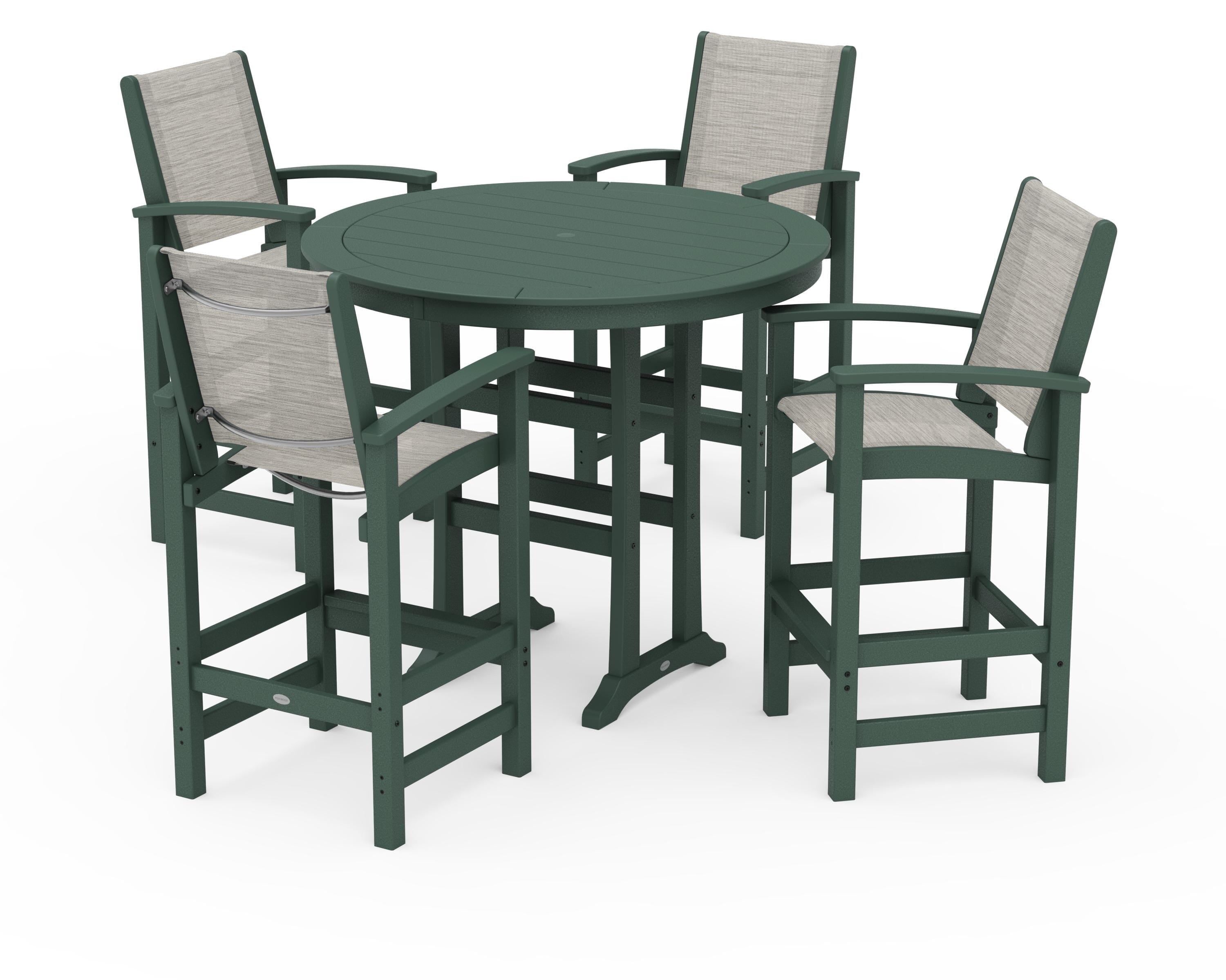 POLYWOOD® Coastal 5-Piece Nautical Trestle Bar Set in Green / Birch Sling
