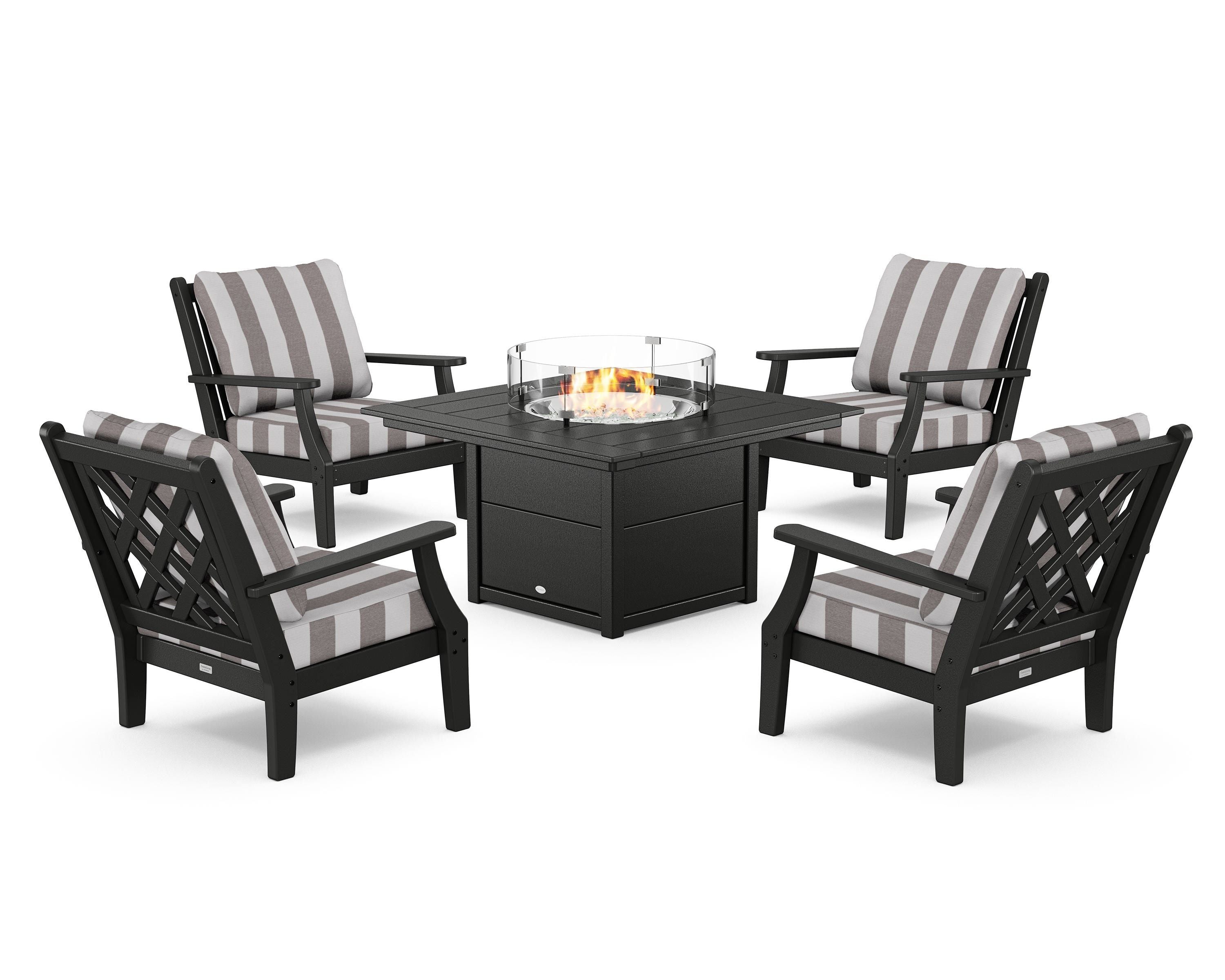 Country Living Wovendale 5-Piece Deep Seating Set with Fire Pit Table in Black / Cabana Stripe Grey Mist