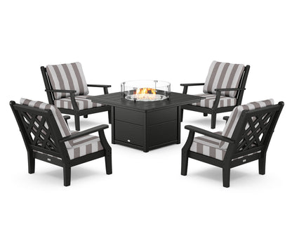 Country Living Wovendale 5-Piece Deep Seating Set with Fire Pit Table in Black / Cabana Stripe Grey Mist