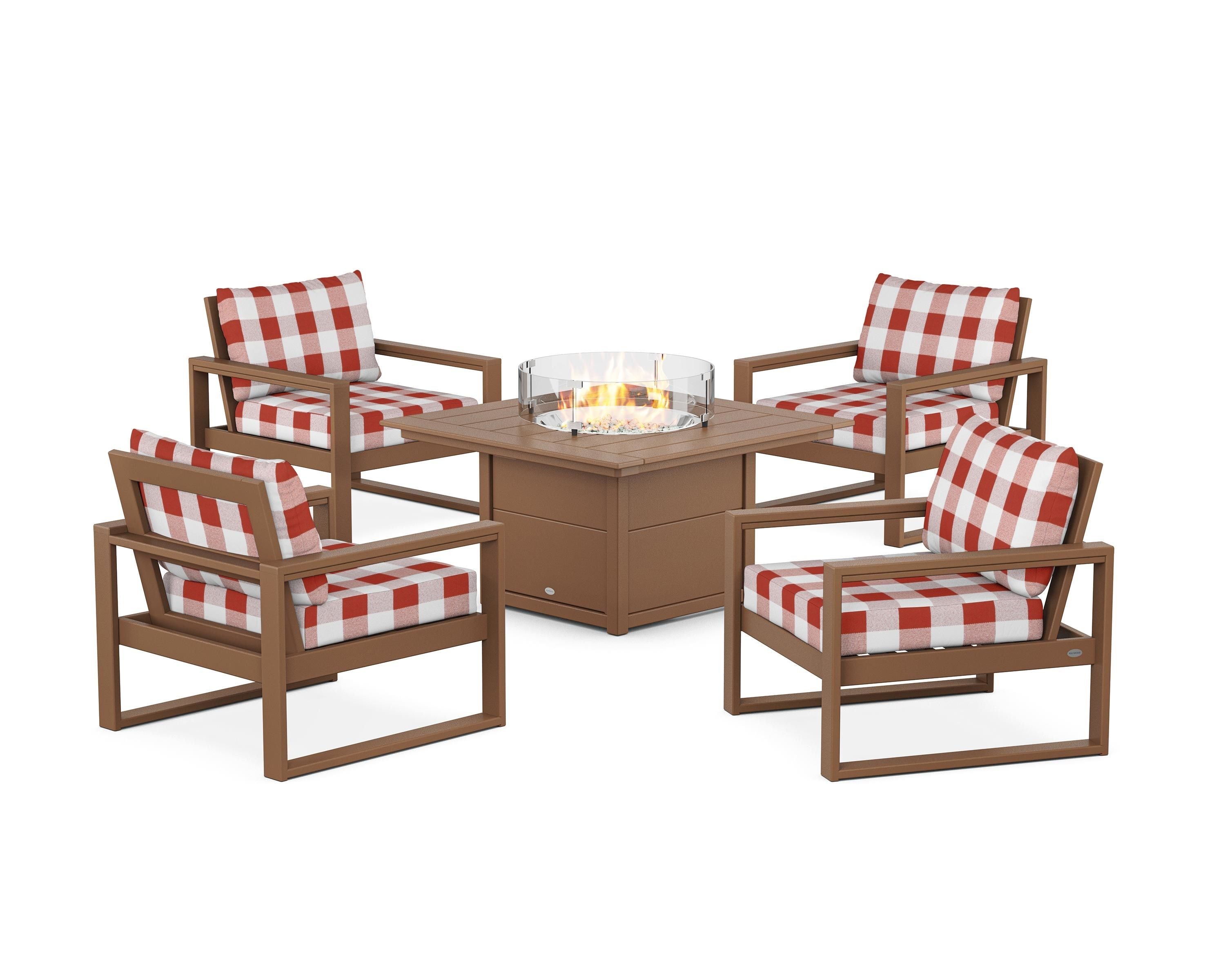 POLYWOOD® EDGE Sectional 5-Piece Deep Seating Set with Fire Pit Table in Teak / Buffalo Plaid Crimson