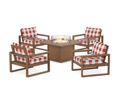 POLYWOOD® EDGE Sectional 5-Piece Deep Seating Set with Fire Pit Table in Teak / Buffalo Plaid Crimson