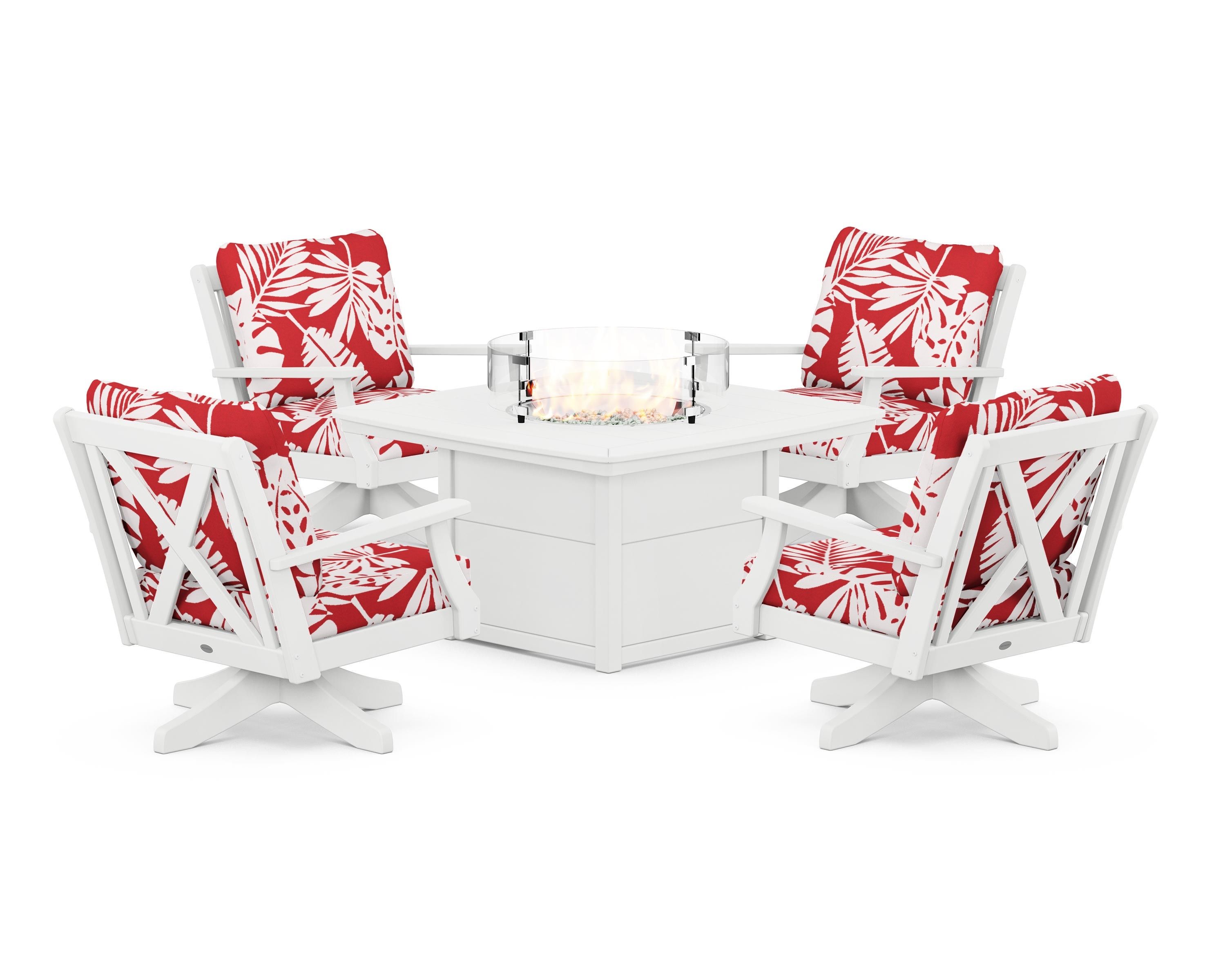 POLYWOOD® Braxton 5-Piece Deep Seating Swivel Conversation Set with Fire Pit Table in White / Leaf Crimson