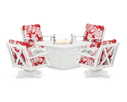 POLYWOOD® Braxton 5-Piece Deep Seating Swivel Conversation Set with Fire Pit Table in White / Leaf Crimson