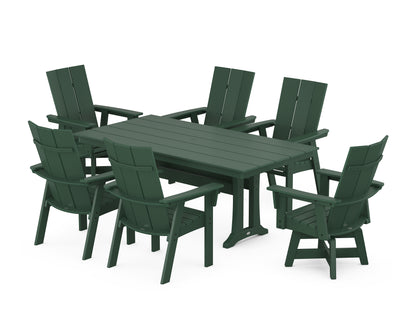 POLYWOOD® Modern Curveback Adirondack Swivel Chair 7-Piece Farmhouse Dining Set With Trestle Legs in Green