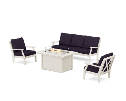 POLYWOOD® Braxton Deep Seating Fire Pit Table Set in Sand / Navy Linen