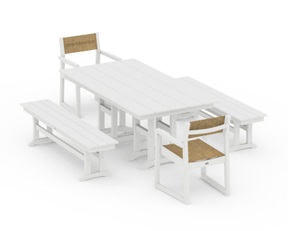 POLYWOOD® EDGE Sling Arm Chair 5-Piece Farmhouse Dining Set with Benches in White / Burlap Sling