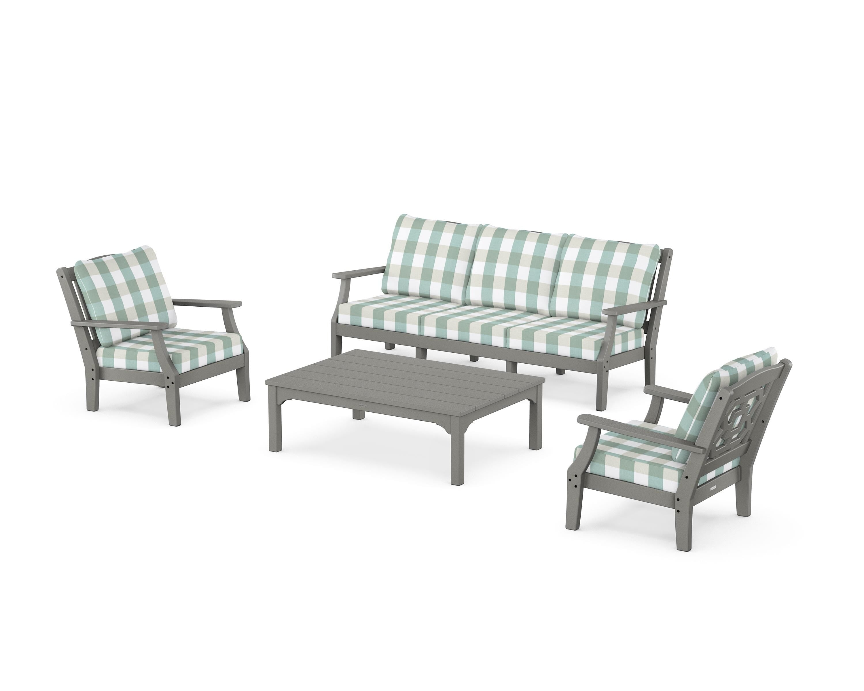 Martha Stewart by POLYWOOD® Chinoiserie 4-Piece Deep Seating Set with Sofa in Slate Grey / Buffalo Plaid Glacier Spa