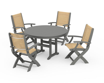 POLYWOOD® Coastal Folding Chair 5-Piece Round Dining Set in Slate Grey / Dupioni Apricot Sling