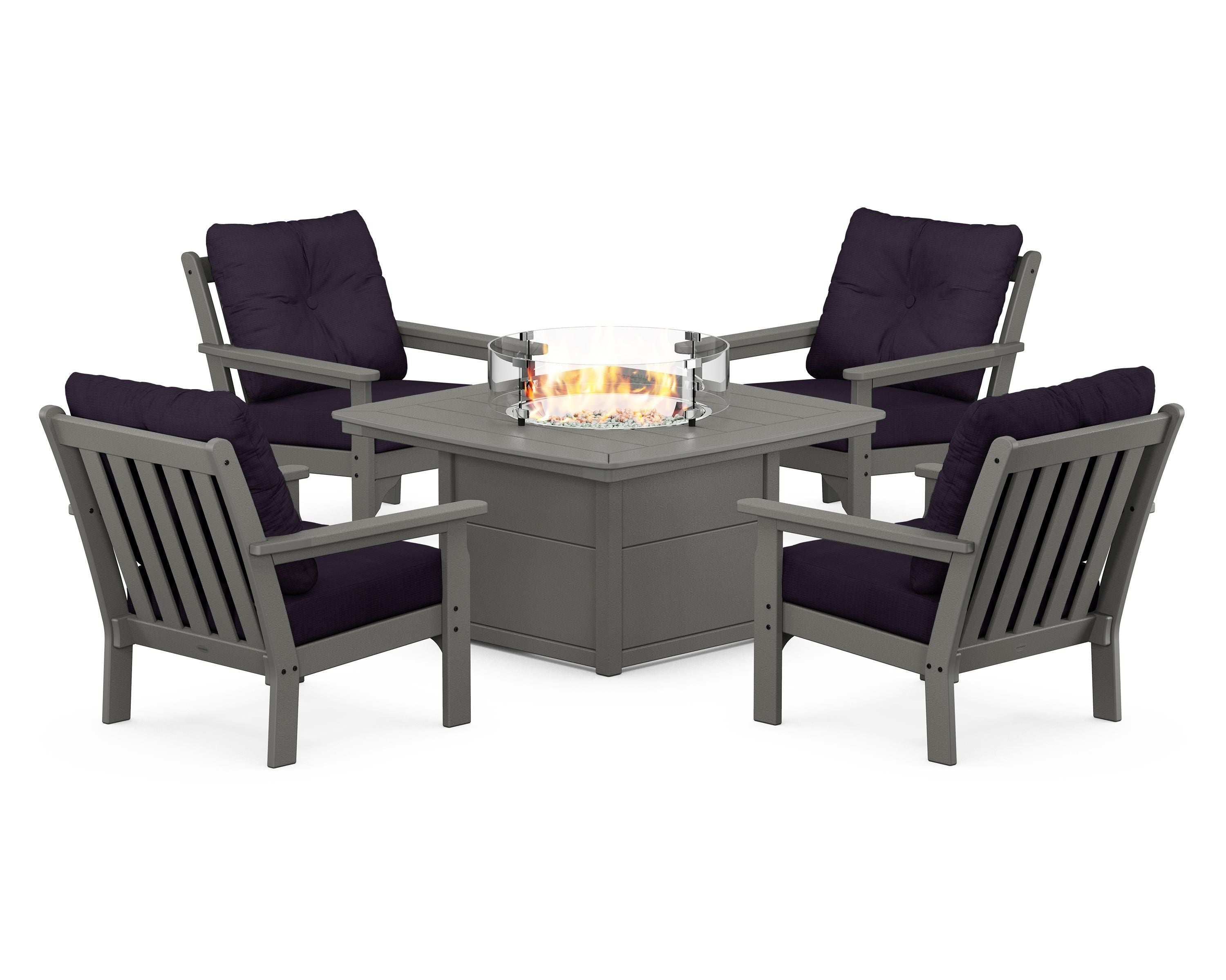 POLYWOOD® Vineyard 5-Piece Conversation Set with Fire Pit Table in Slate Grey / Navy Linen