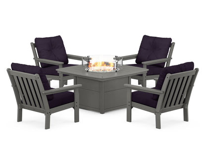 POLYWOOD® Vineyard 5-Piece Conversation Set with Fire Pit Table in Slate Grey / Navy Linen