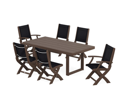POLYWOOD® Coastal Folding Chair 7-Piece Dining Set with Trestle Legs in Mahogany / Black Sling