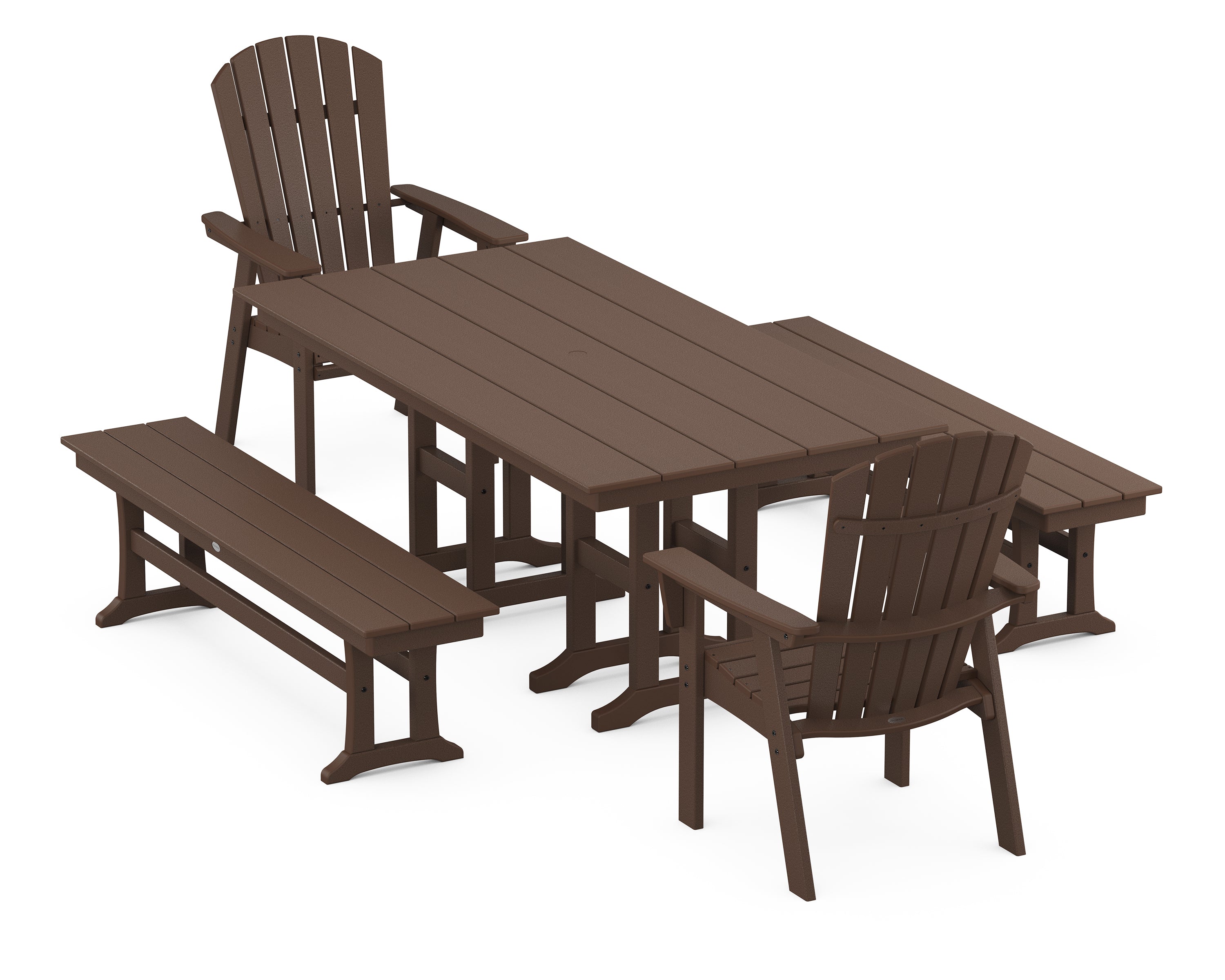 POLYWOOD® Nautical Curveback Adirondack 5-Piece Farmhouse Dining Set with Benches in Mahogany