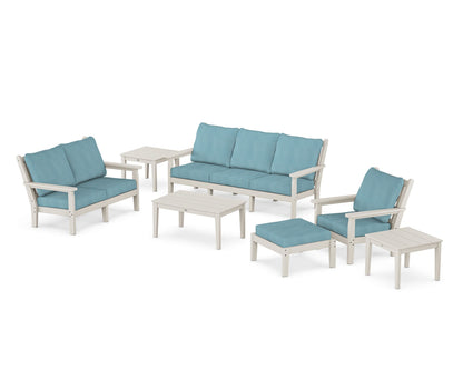 POLYWOOD® Chippendale 7-Piece Deep Seating Set in Sand / Lattice Sky Blue