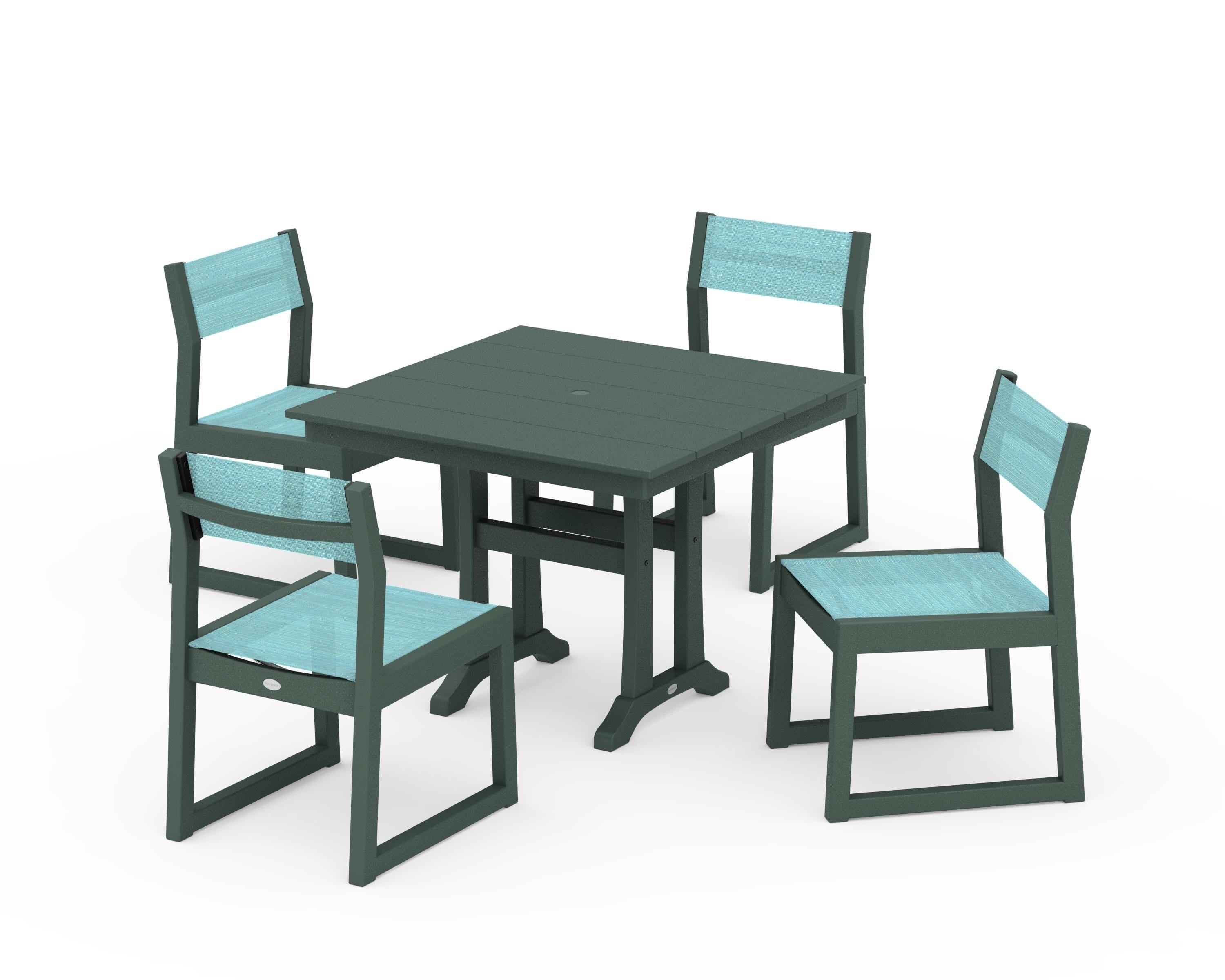 POLYWOOD® EDGE Sling 5-Piece Farmhouse Trestle Side Chair Dining Set in Green / Dupioni Aquamarine Sling