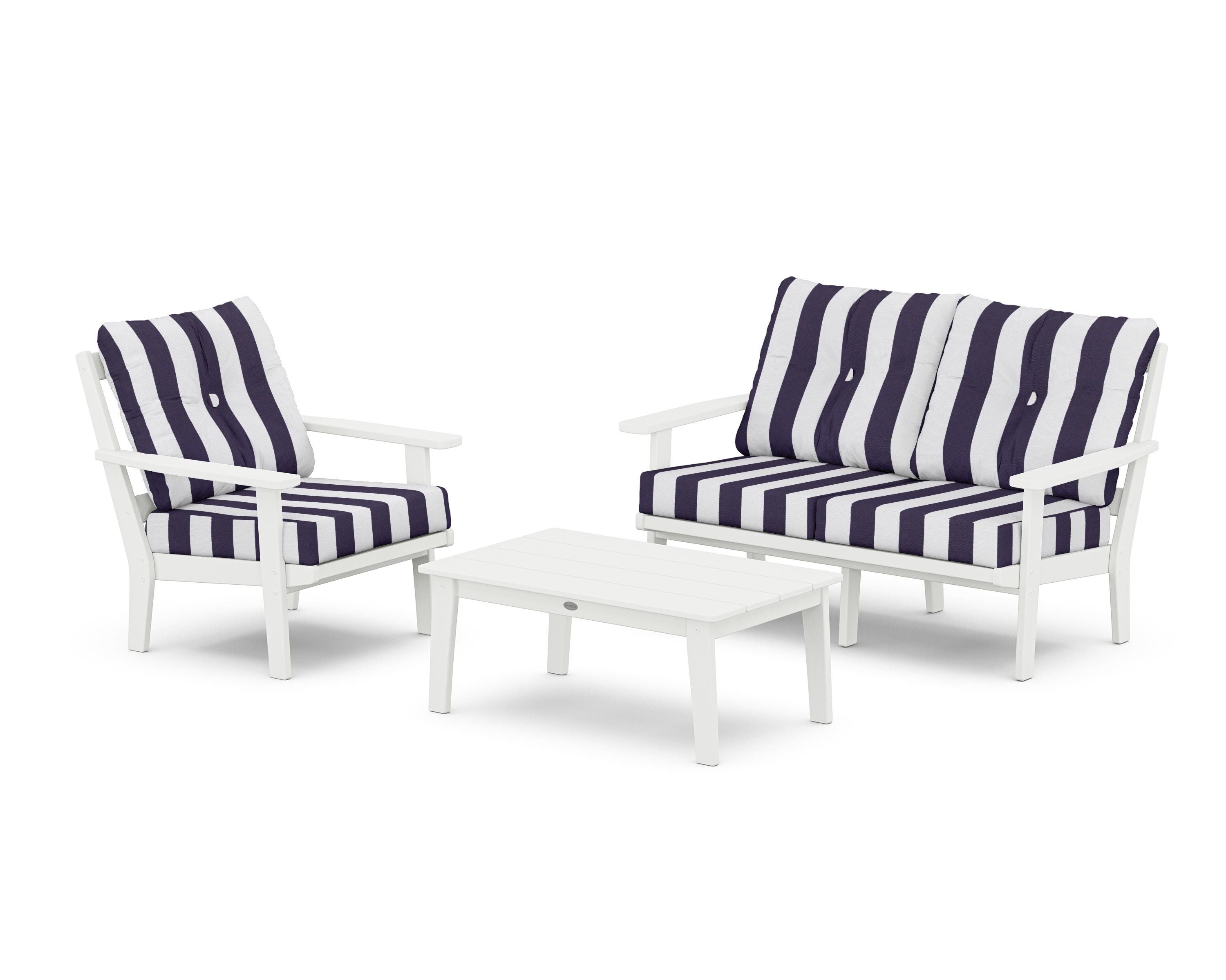 POLYWOOD® Oxford 3-Piece Deep Seating Set with Loveseat in White / Cabana Stripe Navy