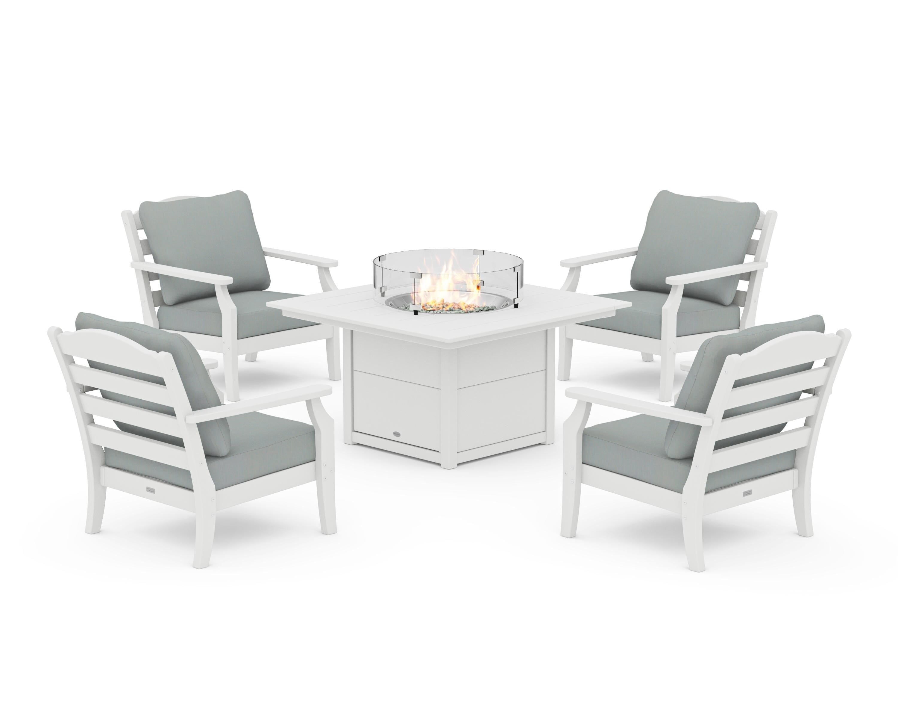 Draper James™ by  POLYWOOD® Savannah 5-Piece Deep Seating Set with Fire Pit Table in White / Spa