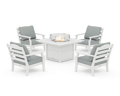 Draper James™ by  POLYWOOD® Savannah 5-Piece Deep Seating Set with Fire Pit Table in White / Spa
