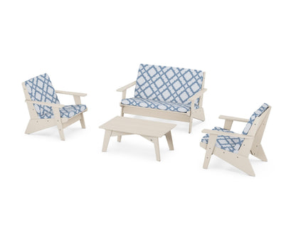 POLYWOOD® Riviera Modern Lounge 4-Piece Set in Sand / Trellis Sky Blue