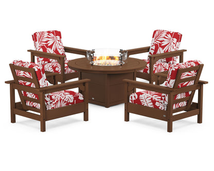 POLYWOOD® Club 5-Piece Conversation Set with Fire Pit Table in Teak / Leaf Crimson