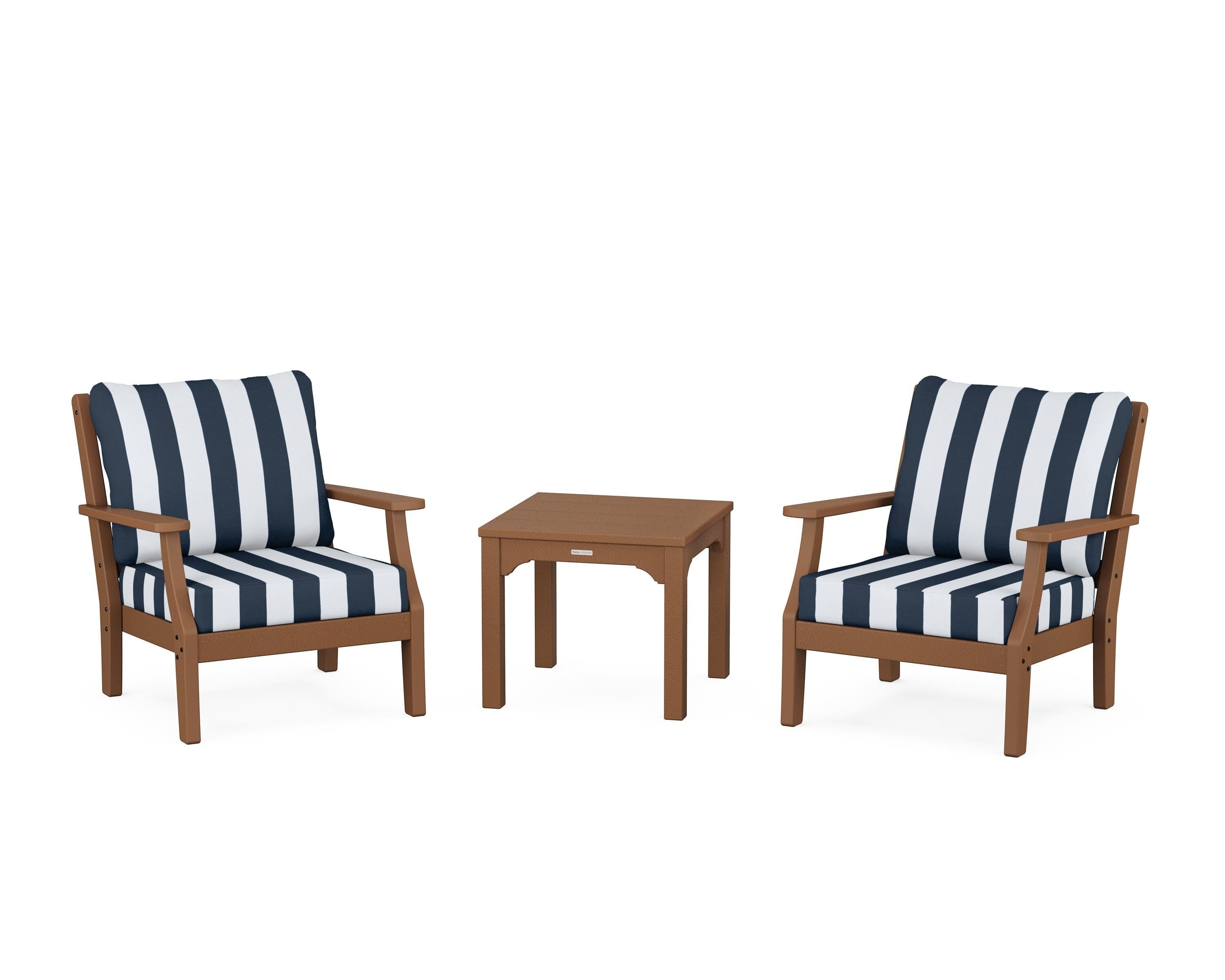 Martha Stewart by POLYWOOD® Chinoiserie 3-Piece Deep Seating Set in Teak / Cabana Stripe Marine Indigo