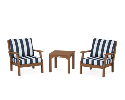 Martha Stewart by POLYWOOD® Chinoiserie 3-Piece Deep Seating Set in Teak / Cabana Stripe Marine Indigo