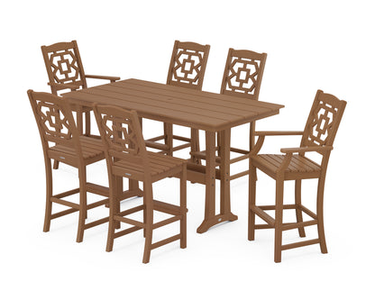 Martha Stewart by POLYWOOD® Chinoiserie 7-Piece Farmhouse Bar Set with Trestle Legs in Teak
