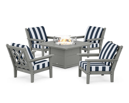 POLYWOOD® Chippendale 5-Piece Deep Seating Set with Fire Pit Table in Slate Grey / Cabana Stripe Marine Indigo