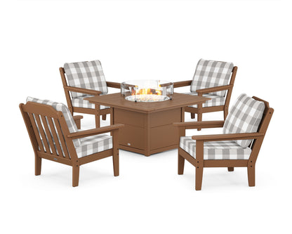 Country Living Cottage 5-Piece Deep Seating Set with Fire Pit Table in Teak / Buffalo Plaid Grey Mist