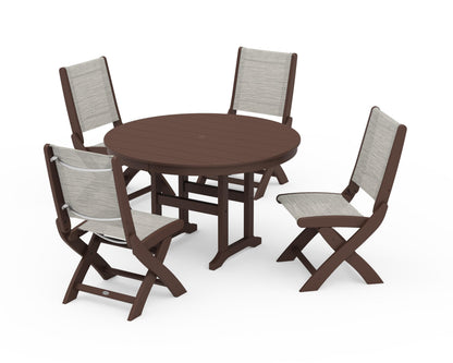POLYWOOD® Coastal Folding Side Chair 5-Piece Round Dining Set in Mahogany / Birch Sling