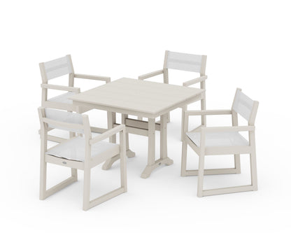 POLYWOOD® EDGE Sling 5-Piece Farmhouse Dining Set with Trestle Legs in Sand / White Sling